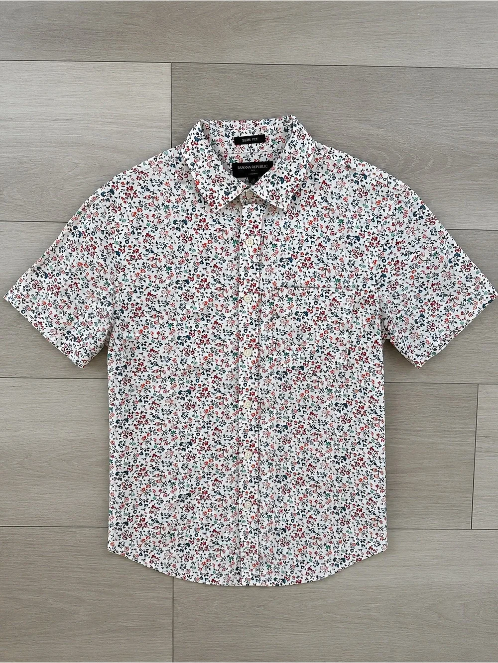 Banana Republic Shirt Men’s Small White Floral Slim Fit Linen Short Sleeve